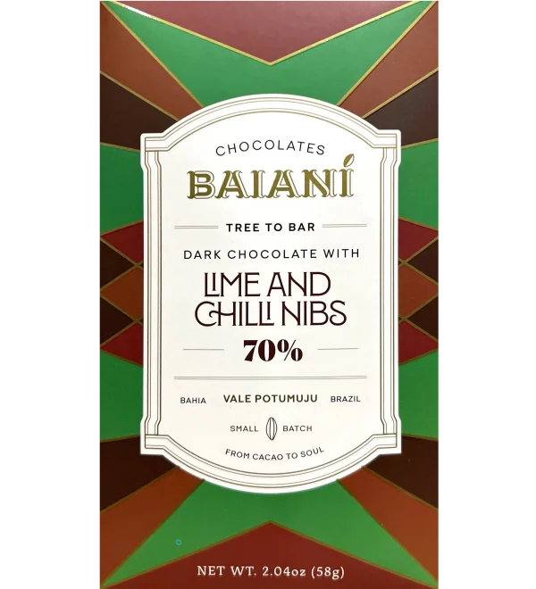 Baiani - Dark Chocolate 70% with Lime and Chili Nibs | Bean to Bite