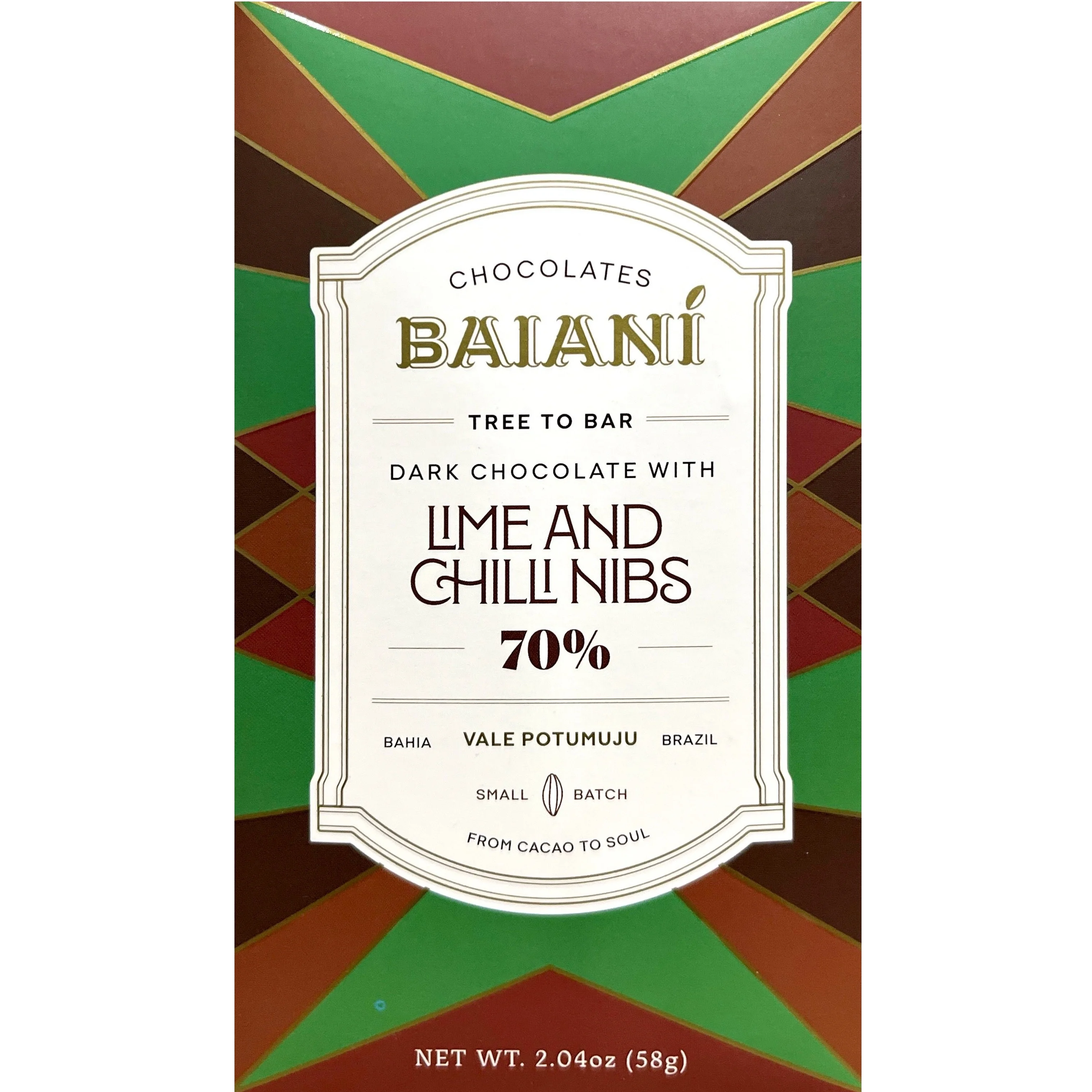 Baiani - Dark Chocolate 70% with Lime and Chili Nibs | Bean to Bite